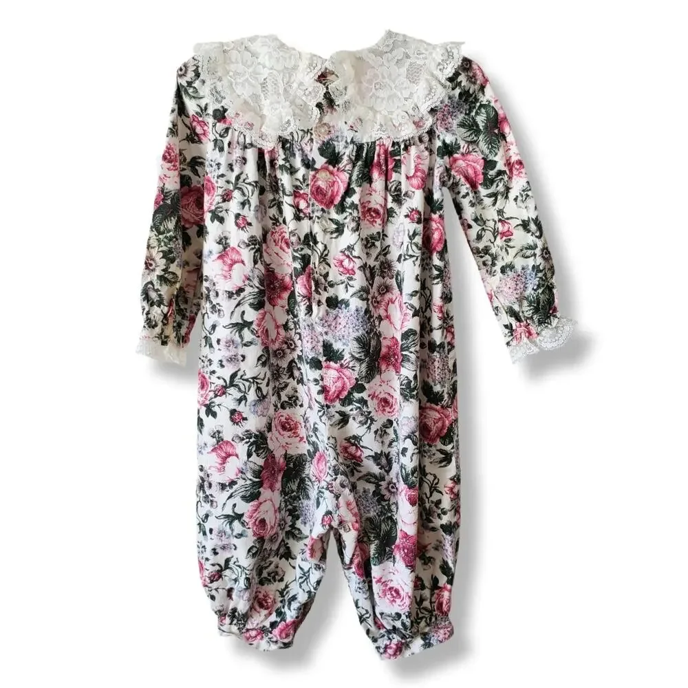 Vintage Floral Lace Baby Girl Romper 12 Mos Retro Cottage Shabby Chic Country